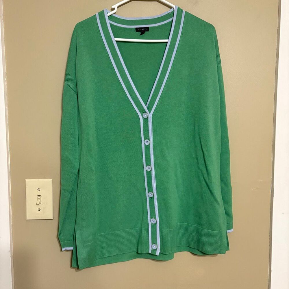 Talbots Sweater Long Sleeve Button Front Cardigan Cotton Blend Green Blue Large
